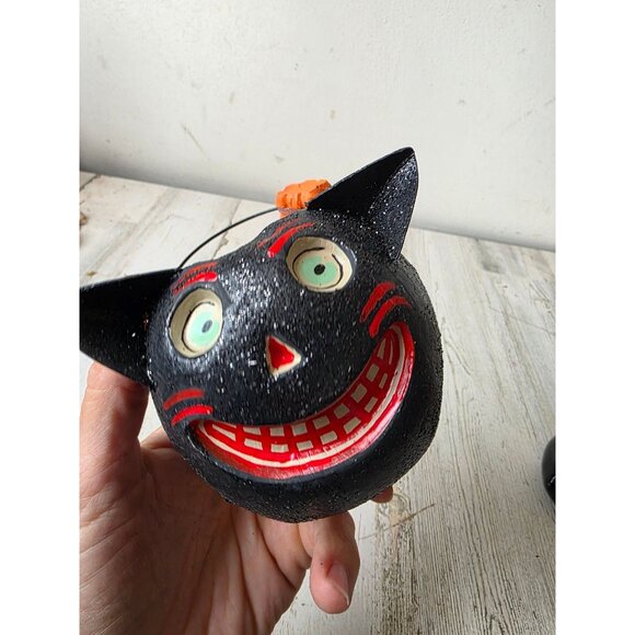 Vintage paper mache cat basket Halloween decor shabby chic glitter - Picture 7 of 9